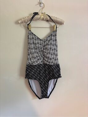 Athleta Vichy Black & White Patterned Halter One-Piece Swimsuit